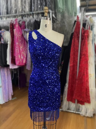 Bleu roi Fourreau Courte Paillettes Velours Courte Robes de bal en Gros
