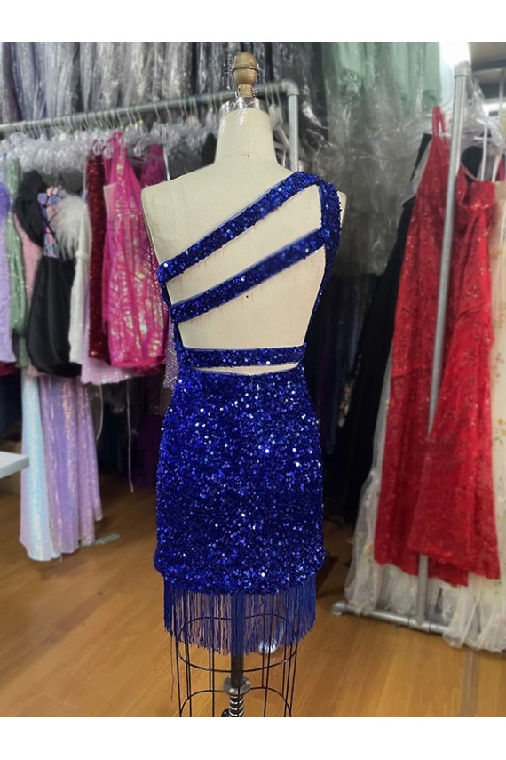 Bleu roi Fourreau Courte Paillettes Velours Courte Robes de bal en Gros