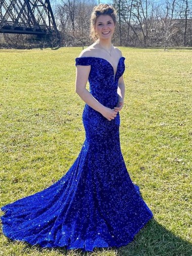 Bleu roi Fourreau Épaule Dénudée Balayage train Paillettes Velours Longue Robes de bal en Gros