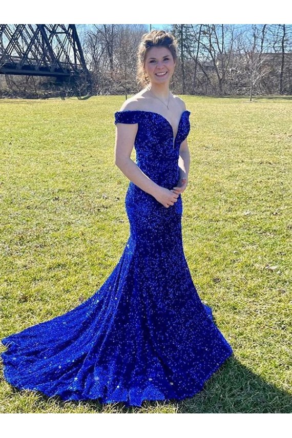 Bleu roi Fourreau Épaule Dénudée Balayage train Paillettes Velours Longue Robes de bal en Gros