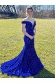 Bleu roi Fourreau Épaule Dénudée Balayage train Paillettes Velours Longue Robes de bal en Gros