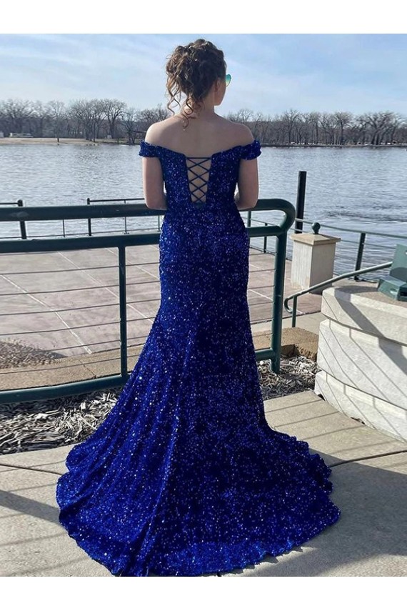 Bleu roi Fourreau Épaule Dénudée Balayage train Paillettes Velours Longue Robes de bal en Gros