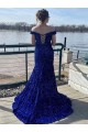 Bleu roi Fourreau Épaule Dénudée Balayage train Paillettes Velours Longue Robes de bal en Gros