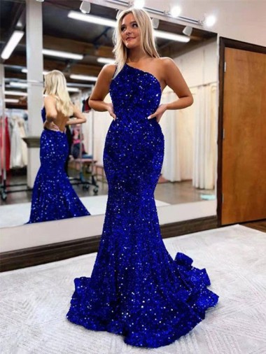 Bleu roi Sirène Balayage train Paillettes Velours Longue Robes de bal en Gros