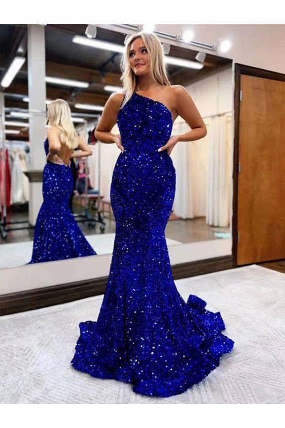 Bleu roi Sirène Balayage train Paillettes Velours Longue Robes de bal en Gros