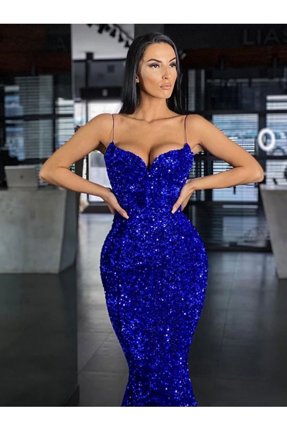 Bleu roi Sirène Bretelles spaghetti Balayage train Paillettes Velours Longue Robes de bal en Gros
