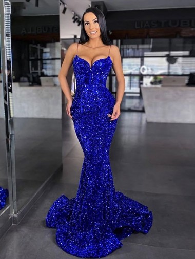 Bleu roi Sirène Bretelles spaghetti Balayage train Paillettes Velours Longue Robes de bal en Gros