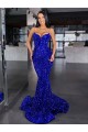 Bleu roi Sirène Bretelles spaghetti Balayage train Paillettes Velours Longue Robes de bal en Gros