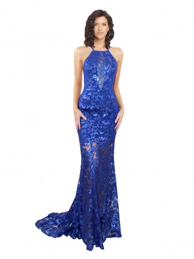 Bleu roi Sirène Col Haut Dentelle Longue Robes demoiselle d'honneur / Robes de bal en Gros