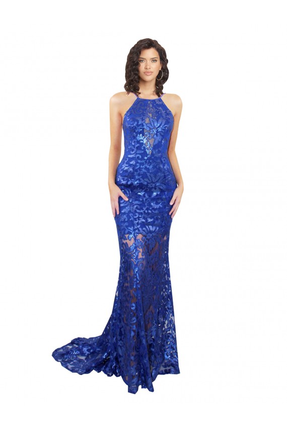 Bleu roi Sirène Col Haut Dentelle Longue Robes demoiselle d'honneur / Robes de bal en Gros