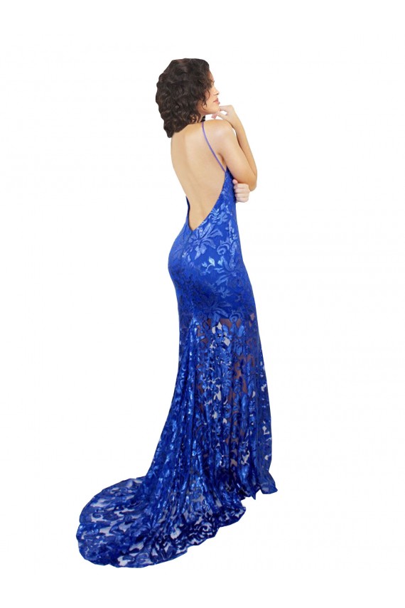 Bleu roi Sirène Col Haut Dentelle Longue Robes demoiselle d'honneur / Robes de bal en Gros