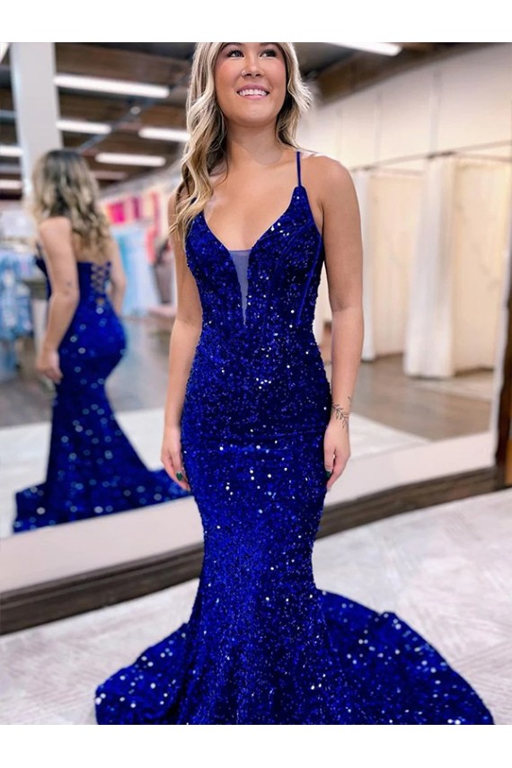 Bleu roi Sirène Col V Traîne moyenne Paillettes Velours Longue Robes de bal en Gros