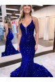 Bleu roi Sirène Col V Traîne moyenne Paillettes Velours Longue Robes de bal en Gros