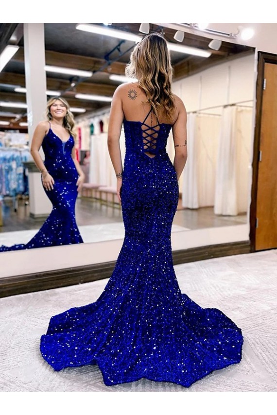 Bleu roi Sirène Col V Traîne moyenne Paillettes Velours Longue Robes de bal en Gros