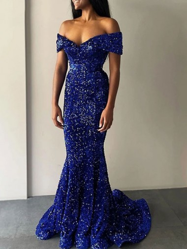 Bleu roi Sirène Épaule Dénudée Balayage train Paillettes Velours Longue Robes de bal en Gros