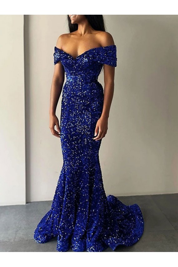 Bleu roi Sirène Épaule Dénudée Balayage train Paillettes Velours Longue Robes de bal en Gros
