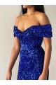 Bleu roi Sirène Épaule Dénudée Balayage train Paillettes Velours Longue Robes de bal en Gros