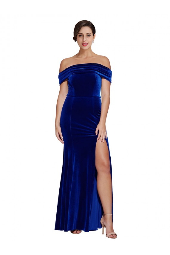 Bleu roi Sirène Épaule Dénudée Velours Stretch Longue Formelles Robes demoiselle d'honneur / Robes de soirée / Robes de bal en Gros