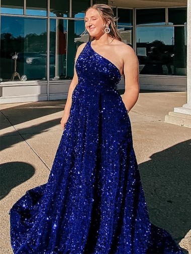 Bleu roi Trapèze Balayage train Paillettes Velours Longue Robes de bal en Gros