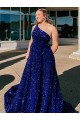 Bleu roi Trapèze Balayage train Paillettes Velours Longue Robes de bal en Gros