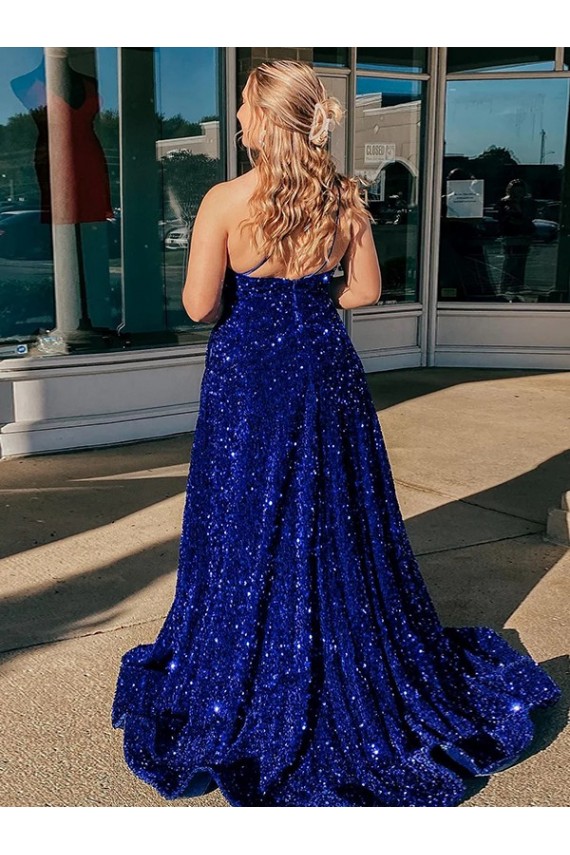 Bleu roi Trapèze Balayage train Paillettes Velours Longue Robes de bal en Gros