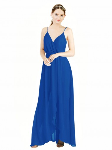 Bleu roi Trapèze Bretelles spaghetti Col V Mousseline Longue Robes demoiselle d'honneur en Gros