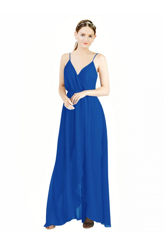 Bleu roi Trapèze Bretelles spaghetti Col V Mousseline Longue Robes demoiselle d'honneur en Gros