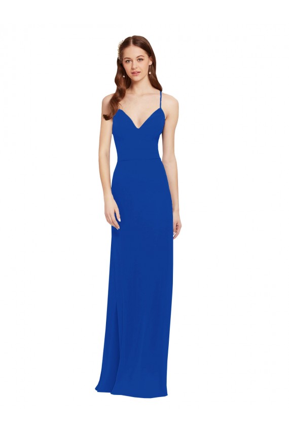 Bleu roi Trapèze Bretelles spaghetti Col V Mousseline Longue Robes demoiselle d'honneur en Gros