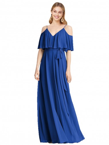 Bleu roi Trapèze Bretelles spaghetti Col V Mousseline Longue Robes demoiselle d'honneur en Gros