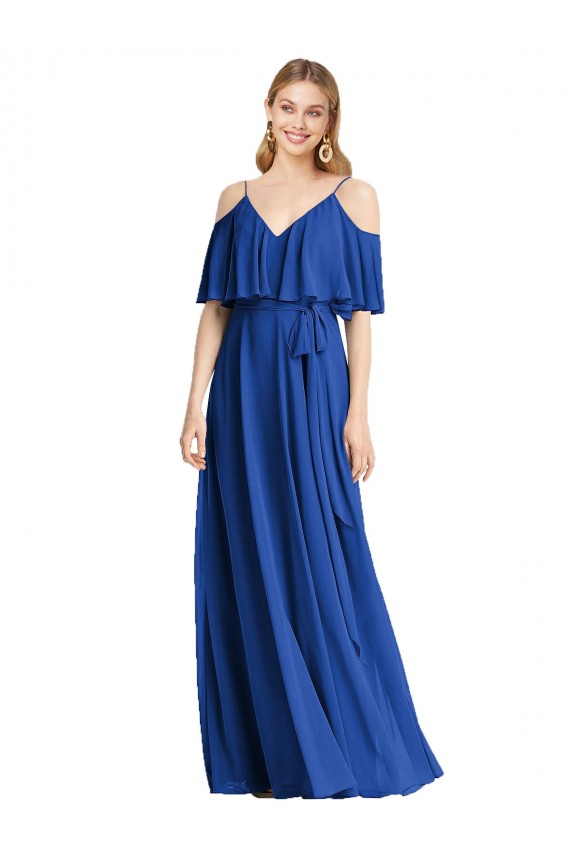 Bleu roi Trapèze Bretelles spaghetti Col V Mousseline Longue Robes demoiselle d'honneur en Gros
