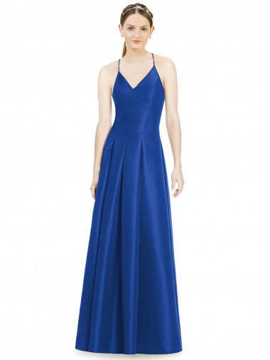 Bleu roi Trapèze Bretelles spaghetti Col V Satiné Longue Robes demoiselle d'honneur en Gros