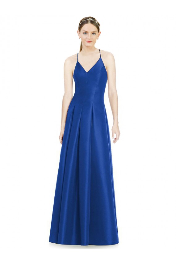 Bleu roi Trapèze Bretelles spaghetti Col V Satiné Longue Robes demoiselle d'honneur en Gros