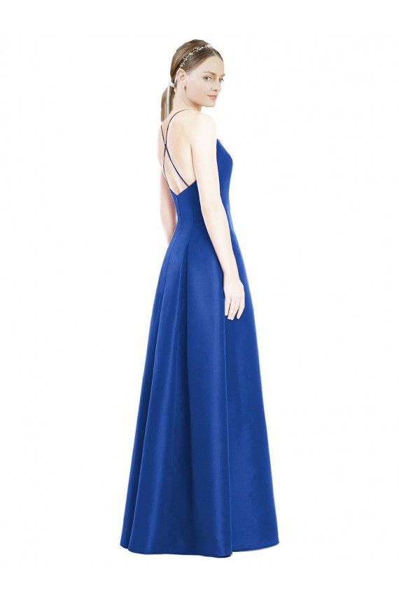 Bleu roi Trapèze Bretelles spaghetti Col V Satiné Longue Robes demoiselle d'honneur en Gros