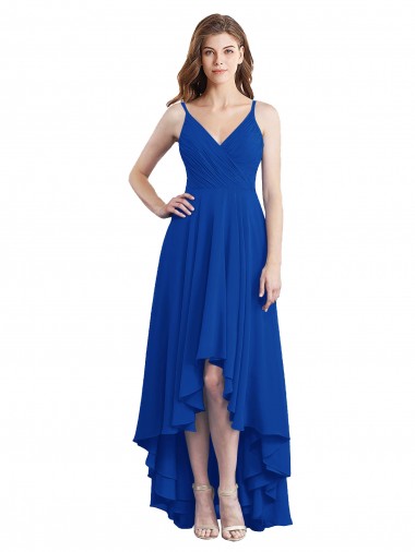 Bleu roi Trapèze Bretelles spaghetti Mousseline Longue Asymétrique Robes demoiselle d'honneur en Gros