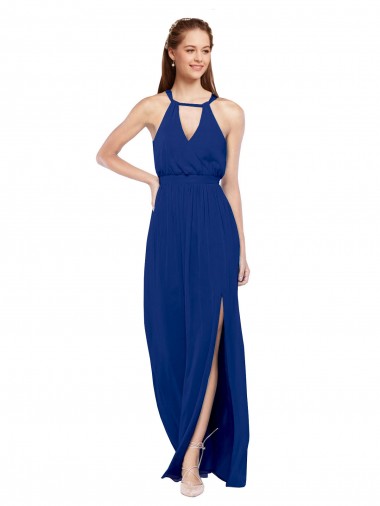 Bleu roi Trapèze Col Haut Mousseline Longue Robes demoiselle d'honneur en Gros