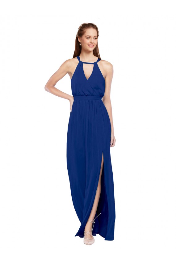Bleu roi Trapèze Col Haut Mousseline Longue Robes demoiselle d'honneur en Gros