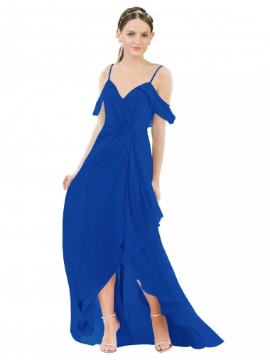 Bleu roi Trapèze Col V Mousseline Longue Asymétrique Robes demoiselle d'honneur en Gros