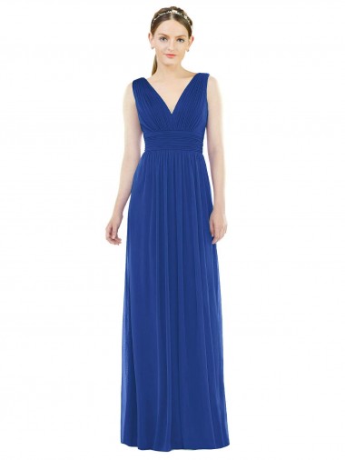 Bleu roi Trapèze Col V Mousseline Longue Robes demoiselle d'honneur en Gros