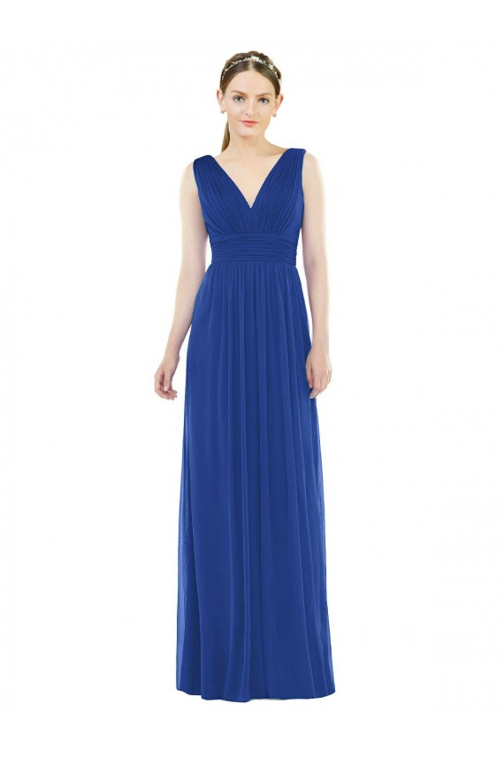Bleu roi Trapèze Col V Mousseline Longue Robes demoiselle d'honneur en Gros