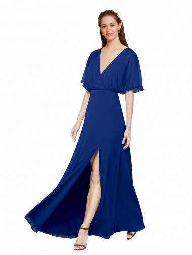 Bleu roi Trapèze Col V Mousseline Longue Robes demoiselle d'honneur en Gros