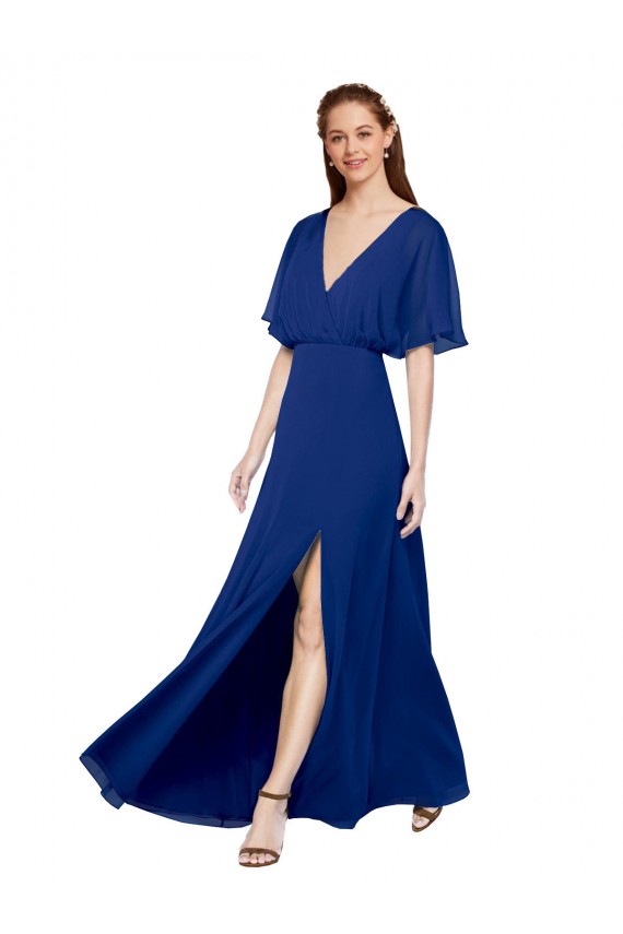 Bleu roi Trapèze Col V Mousseline Longue Robes demoiselle d'honneur en Gros