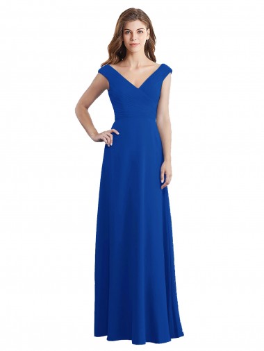 Bleu roi Trapèze Col V Mousseline Longue Robes demoiselle d'honneur en Gros