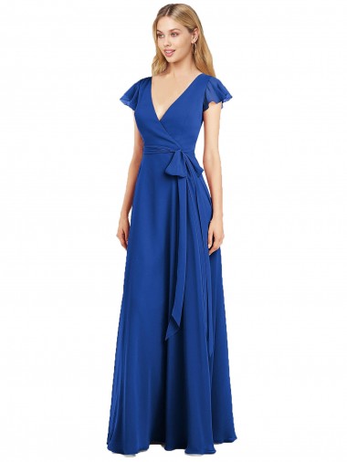 Bleu roi Trapèze Col V Mousseline Longue Robes demoiselle d'honneur en Gros