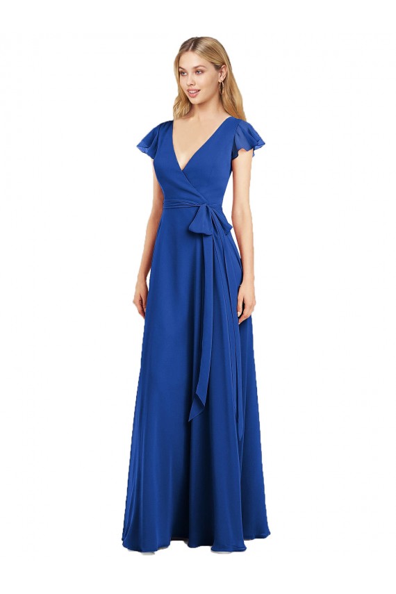 Bleu roi Trapèze Col V Mousseline Longue Robes demoiselle d'honneur en Gros