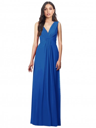 Bleu roi Trapèze Col V Mousseline Longue Robes demoiselle d'honneur en Gros