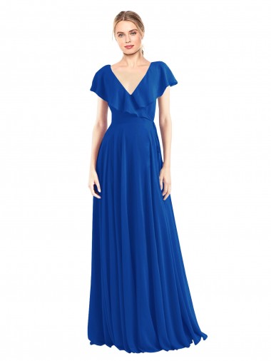 Bleu roi Trapèze Col V Mousseline Longue Robes demoiselle d'honneur en Gros
