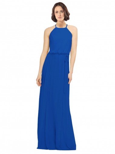 Bleu roi Trapèze Col bijou Mousseline Longue Robes demoiselle d'honneur en Gros