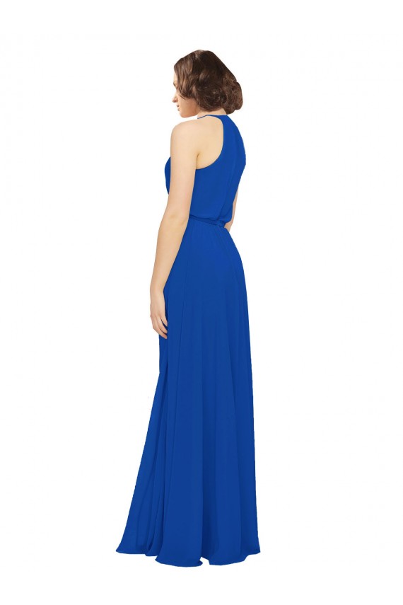 Bleu roi Trapèze Col bijou Mousseline Longue Robes demoiselle d'honneur en Gros