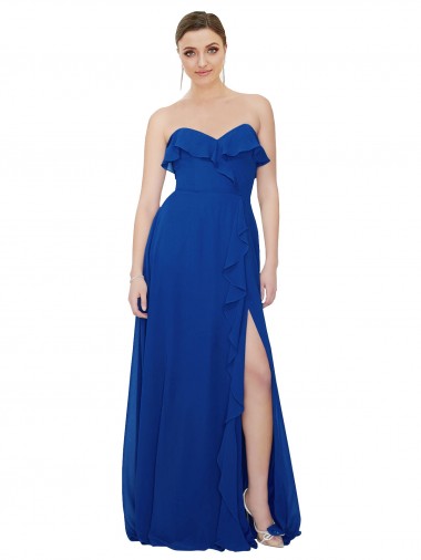Bleu roi Trapèze Sans bretelle Mousseline Longue Robes demoiselle d'honneur en Gros