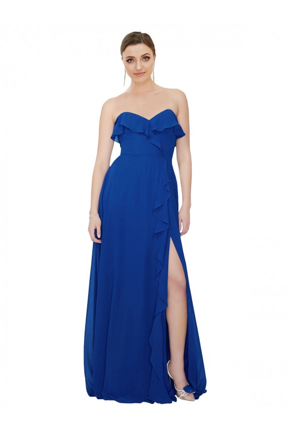 Bleu roi Trapèze Sans bretelle Mousseline Longue Robes demoiselle d'honneur en Gros